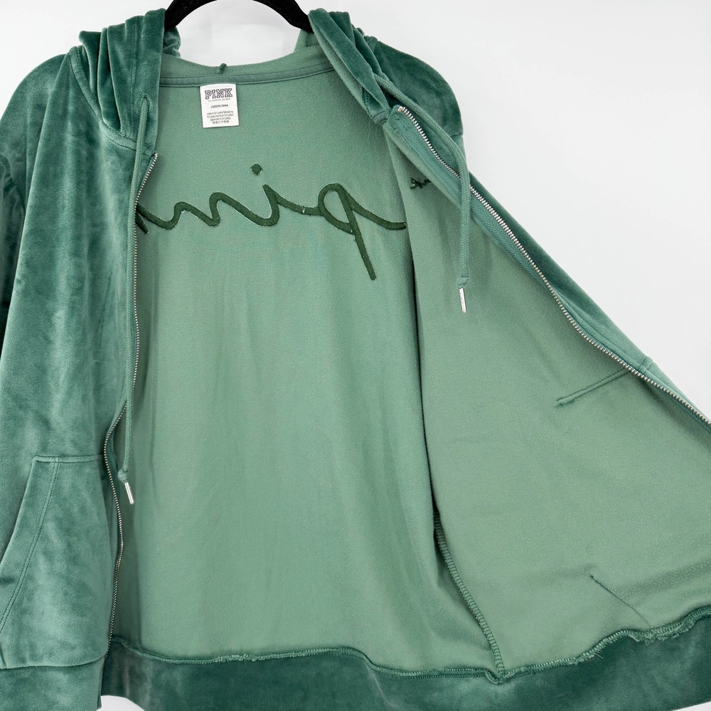 PINK Victoria's Secret Velour Full Zip Hoodie‎ Green Logo L Y2K 2000s Aesthetic - Picture 4 of 8